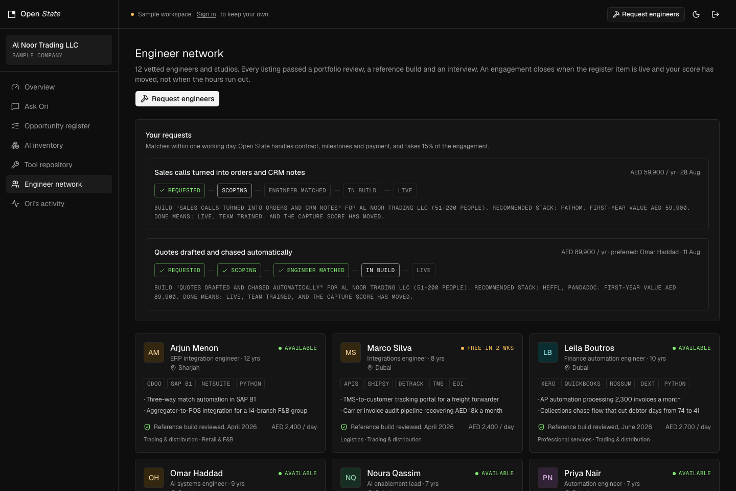 The engineer marketplace: vetted profiles and live request timelines